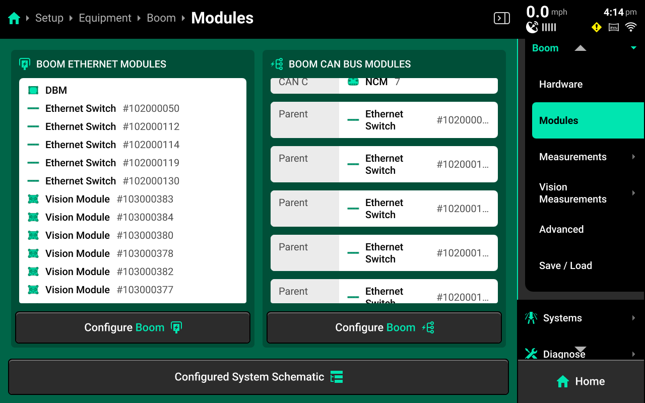 Equipment Boom Modules Screen